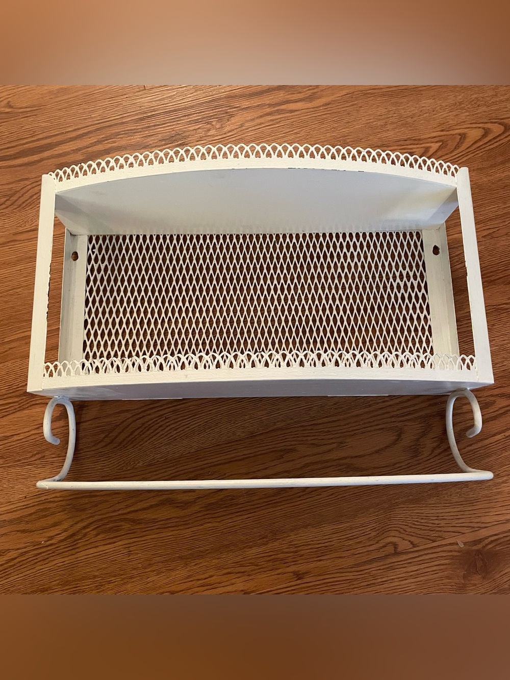 Vtg White Metal Mesh Wall Shelf Mid Century Reticulated Curio Display